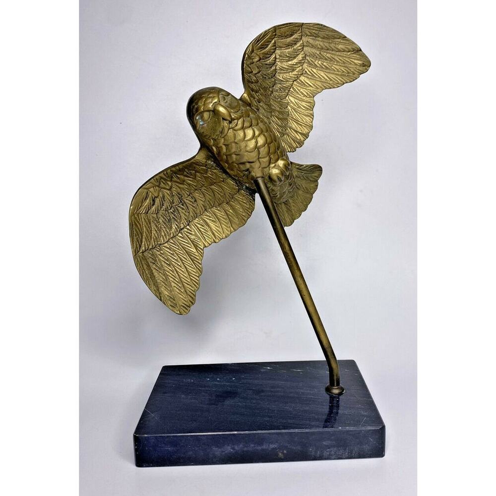 MCM Brass Flying Hunting Owl Bird Figurine Paperweight on Marble Base U91